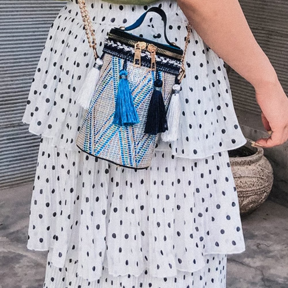 Staycation Blue Tassle cylinder bucket bag purse